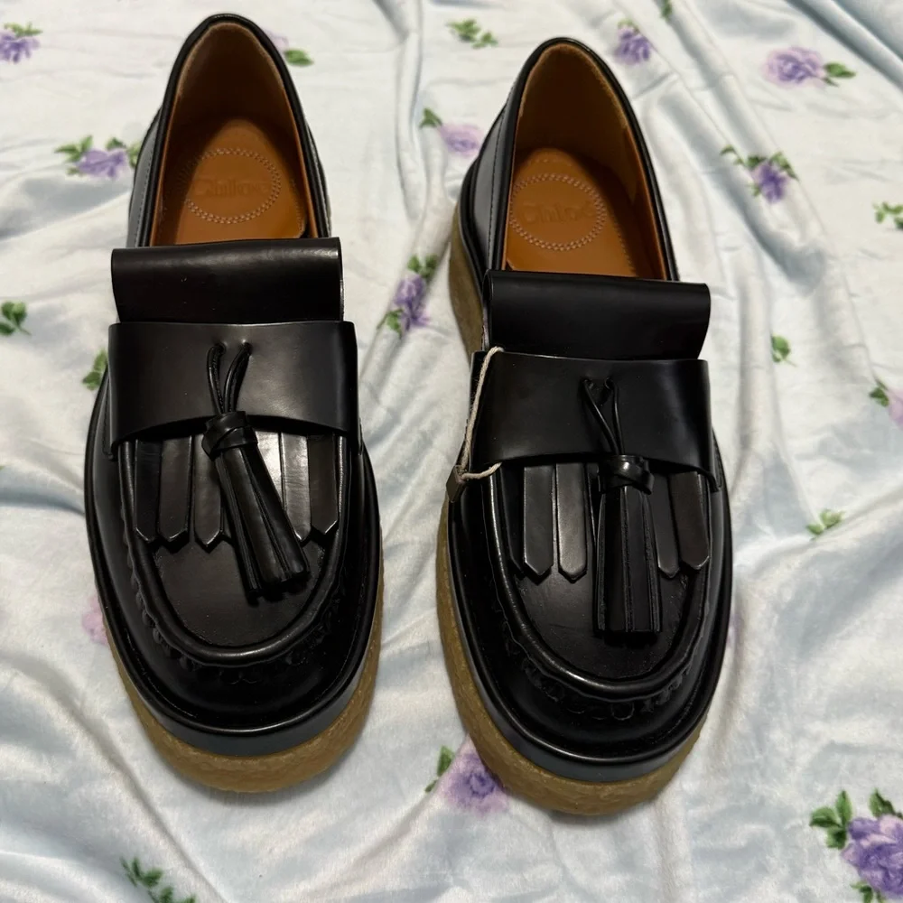 NWOB Chloe Jamie Black Platform Leather Tassel Loafers sz37 - Picture 5 of 7